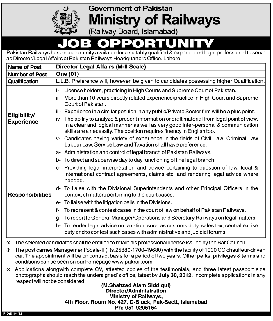 Pakistan Railways Head Quarters Office Lahore Requires Director Legal Affairs (Ministry of Railways) (Government Job)