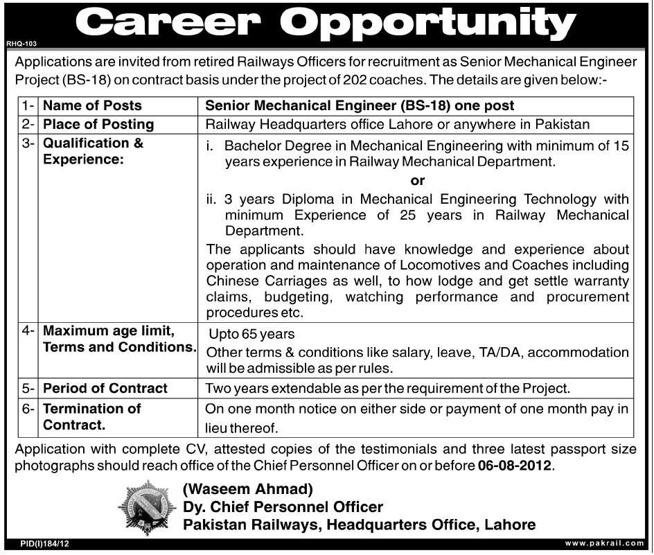 Pakistan Railways Head Quarters Office Lahore Requires Senior Mechanical Engineer (Government Job)