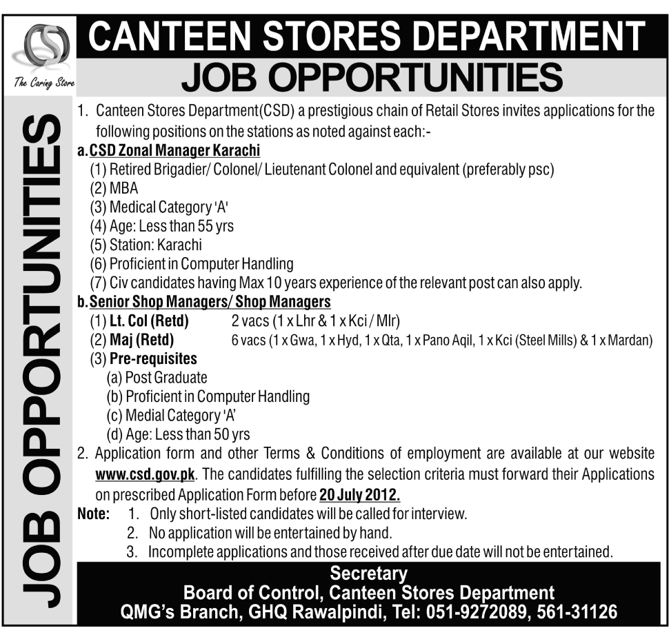 Canteen Stores Department (CSD) Requires Management Staff (Government Job)