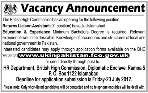 British High Commission Requires Return Liaison Assistant (Embassy Job)