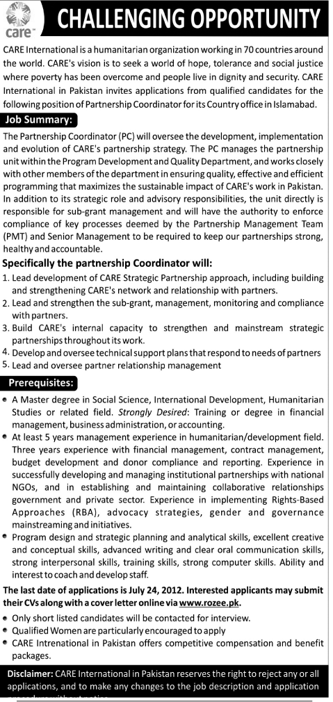 An International NGO (CARE) Requires Partnership Coordinator (NGO job)