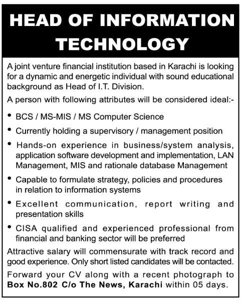 A Financial Institution Requires Head of Information Technology