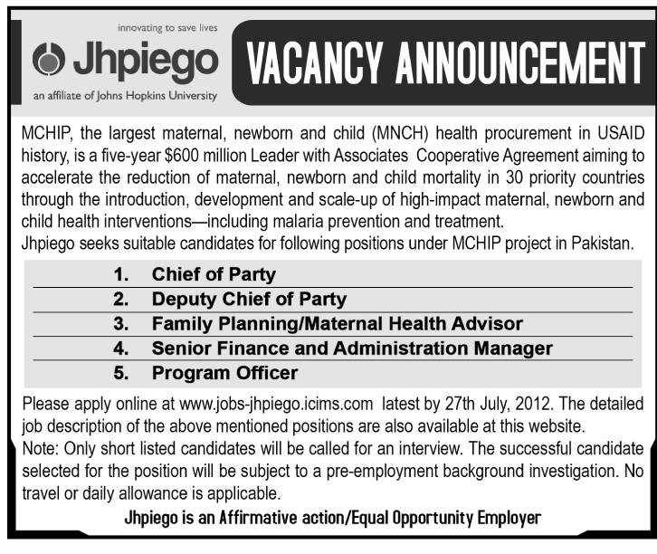 Jhpiego (NGO) Requires Management Staff (NGO job)