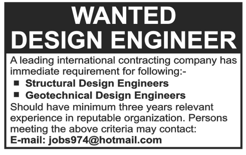 Design Engineer Required by an International Contracting Company