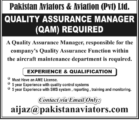 Quality Assurance Manager Required by Pakistan Aviators & Aviation (PVT) Ltd.