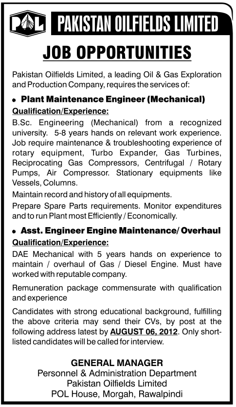 Pakistan Oilfields Limited Company Requires Planning and Assistant Engineers (Oil and Gas Sector Job)