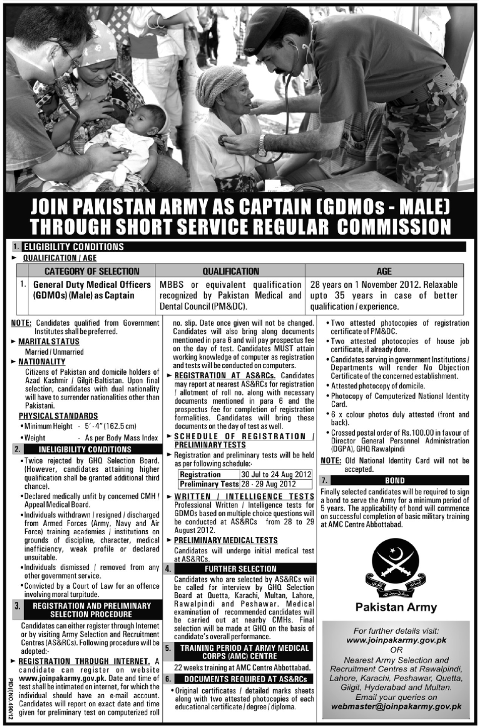 Join Pakistan Army as Captain (GDMOs-Male) Through Short Service Regular Commission (Government Job)
