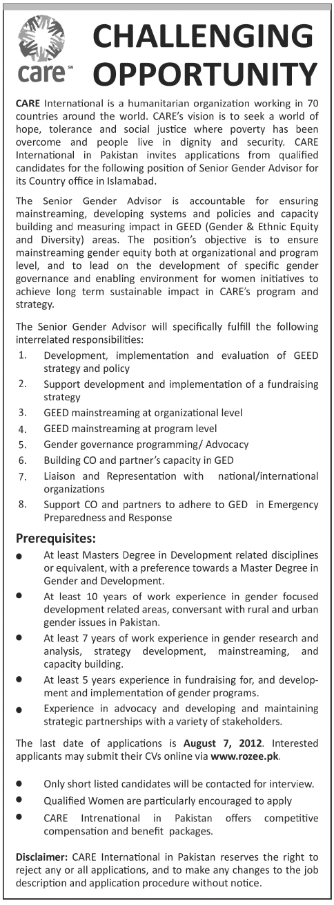 A Senior Gender Advisor Required by an NGO (NGO job)