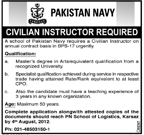 Civilian Instructor Required at Pakistan Navy School of Logistics (Government Job)