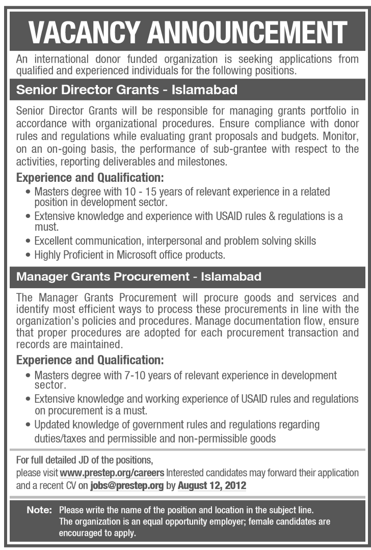 An NGO Requires Executive Management Staff (NGO job)