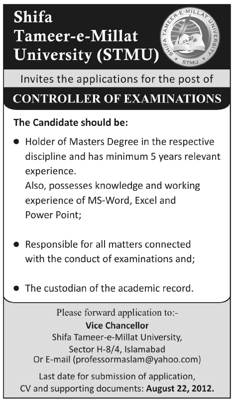 Shifa Tameer-e-Millat University (STMU) Requires Controller of Examinations