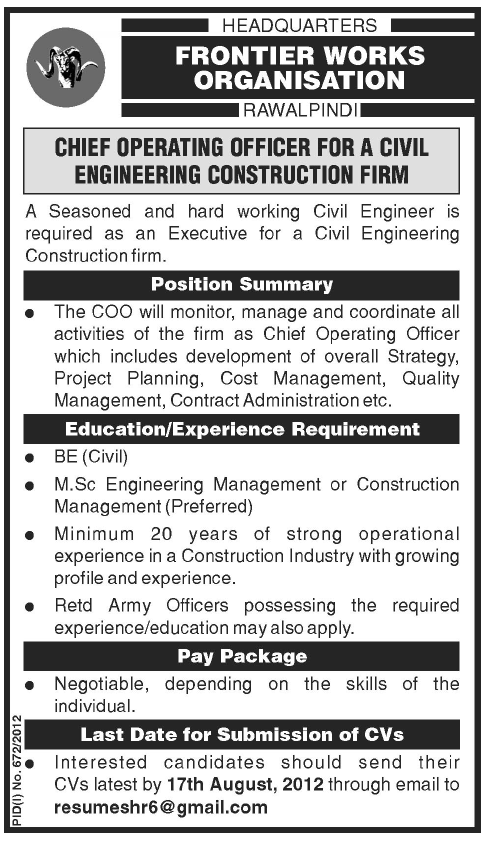 FWO Frontier Works Organization Requires Chief Operating Officer (COO) for Civil Engineering Construction Firm (Government Job)