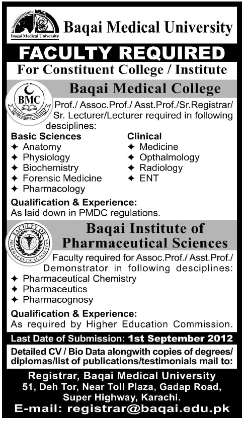 Medical Teaching Faculty Required at Baqai Medical College