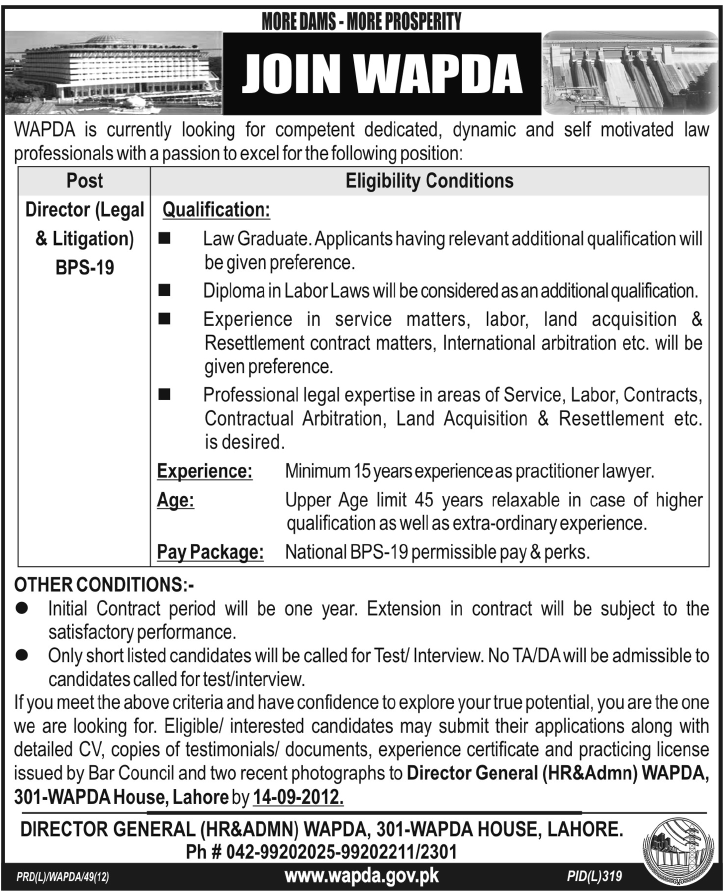 Join WAPDA as Director (Legal & Litigation) (Government Job)