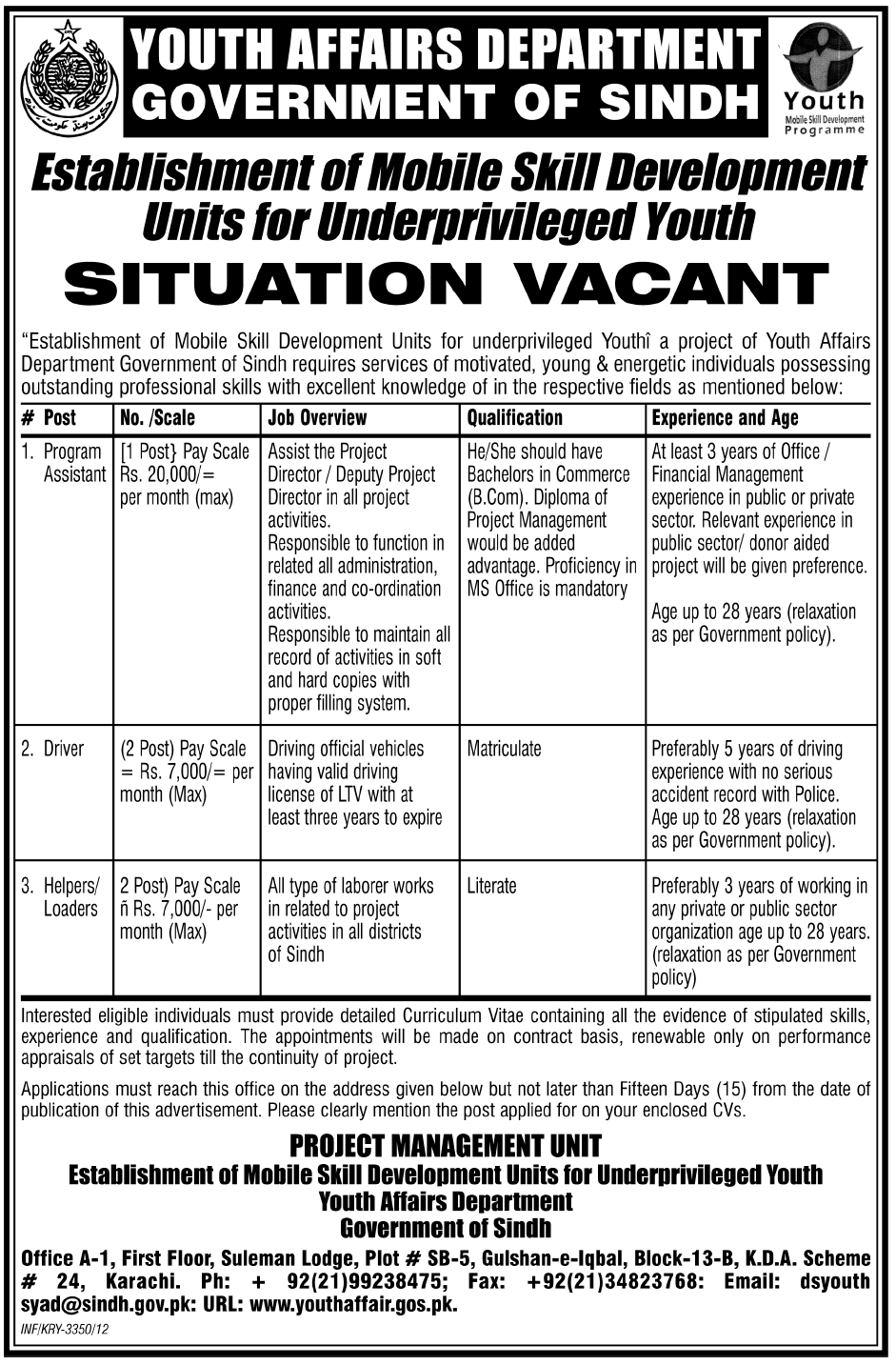 Youth Affairs Department Government of Sindh Jobs (Government Job)