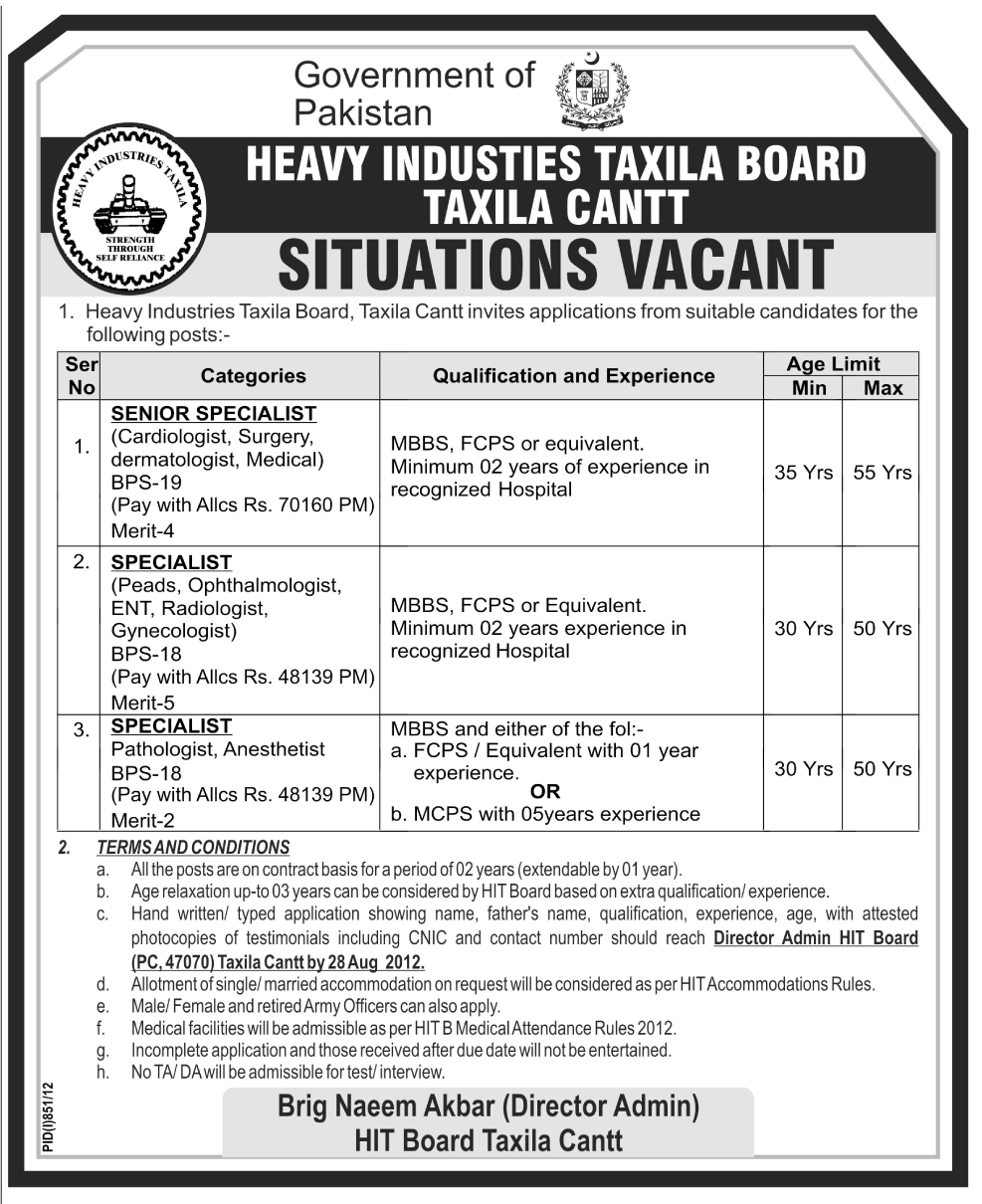 Heavy Industries Taxila Board Requires Medical Specialists (Government Job)