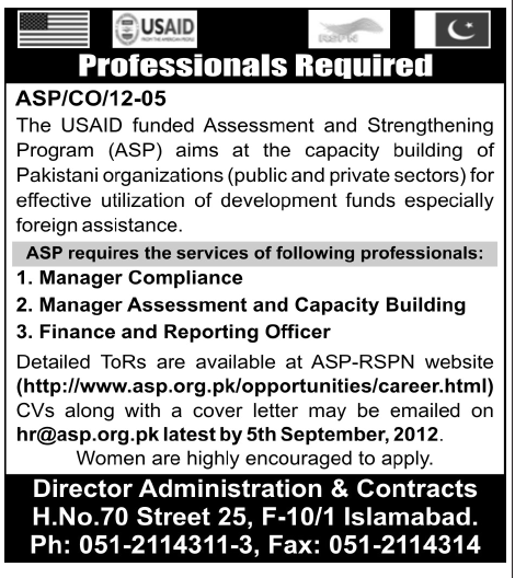 ASP USAID Funded Project Requires Professional Management Staff (UN Jobs) (Government Job)