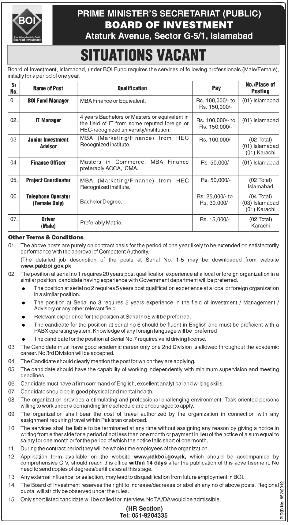 Board of Investment Islamabad (BOI) Prime Minister's Secretariat Jobs (Government Jobs)