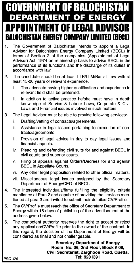 Government of Balochistan Requires Legal Advisor for Department of Energy (Government Job)