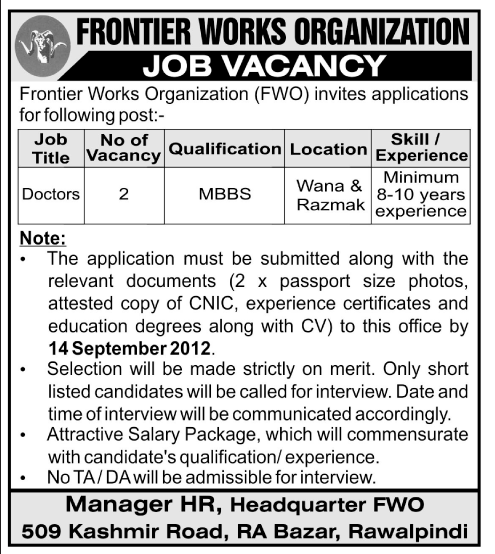 Head Quarterz Frontier Works Organization (FWO) Requires Doctors (Government job