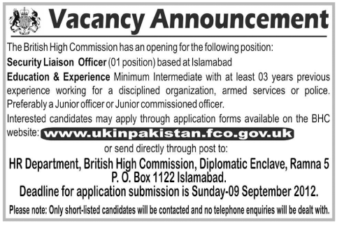 British High Commission Requires Security Liaison Officer (Embassy Jobs)