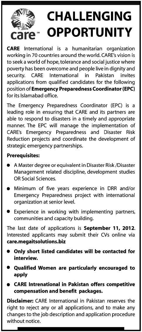 CARE International NGO Requires Emergency Preparedness Coordinator (EPC)