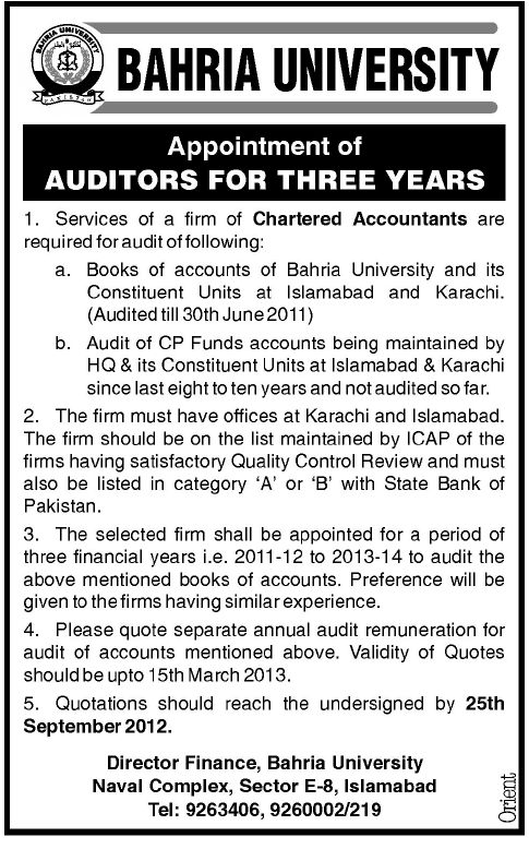Bahria University Requires Auditors