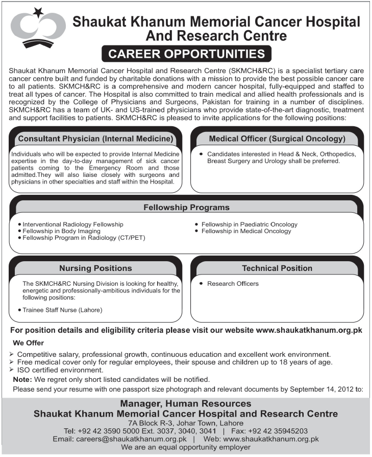 Shaukat Khanum Memorial Cancer Hospital and Research Centre Jobs