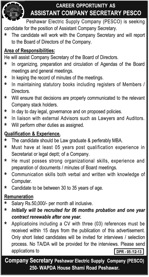 PESCO Peshawar Electric Supply Company Requires Assistant Company Secretary (Government Job)