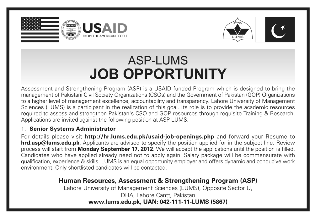 ASP USAID Requires Senior Systems Administrator Under LUMS