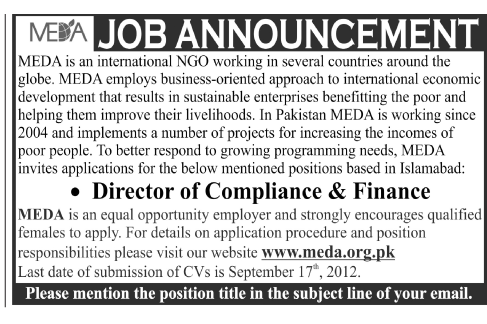 MEDA an NGO Requires Director of Compliance & Finance (NGO jobs)