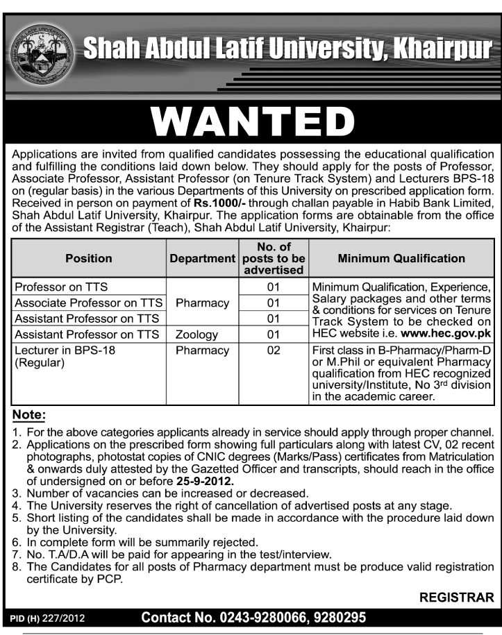 Shah Abdul Latif University Requires Teaching Staff (Government Job)