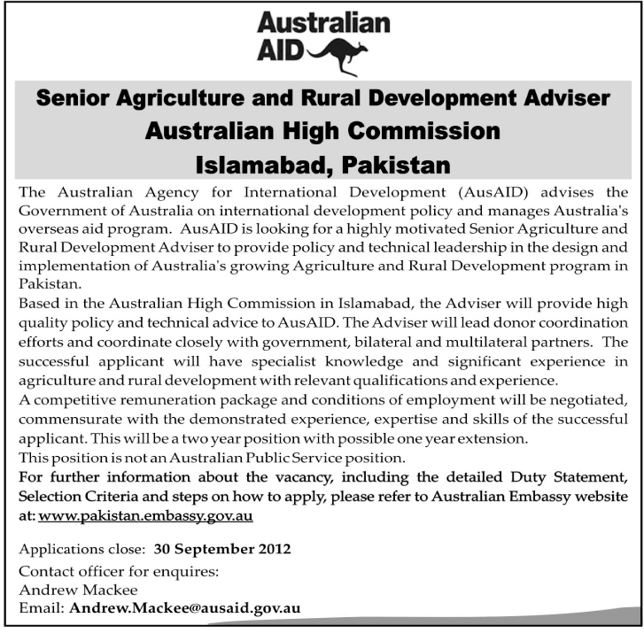 Australian AID Requires Senior Agriculture and Rural Development Adviser at Australian High Commission