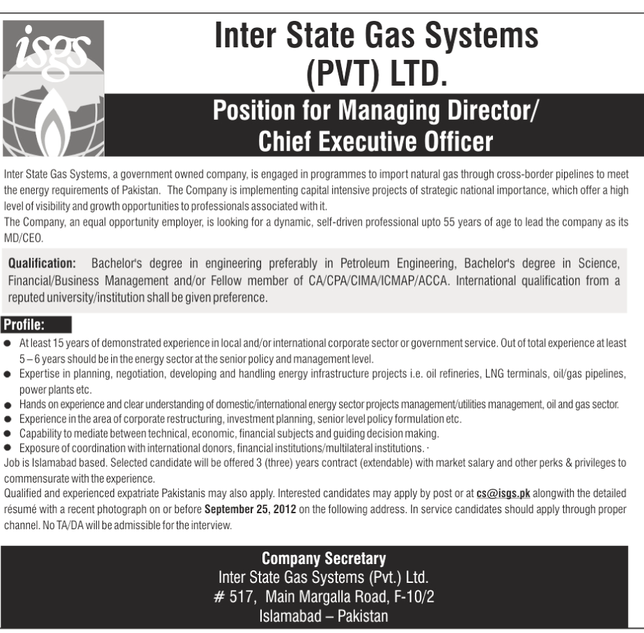 Inter State Gas Systems Private Limited Requires Chief Executive Office (CEO)