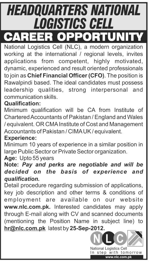 Headquarters National Logistics Cell (NLC) Requires Chief Financial Officer (Government Job)