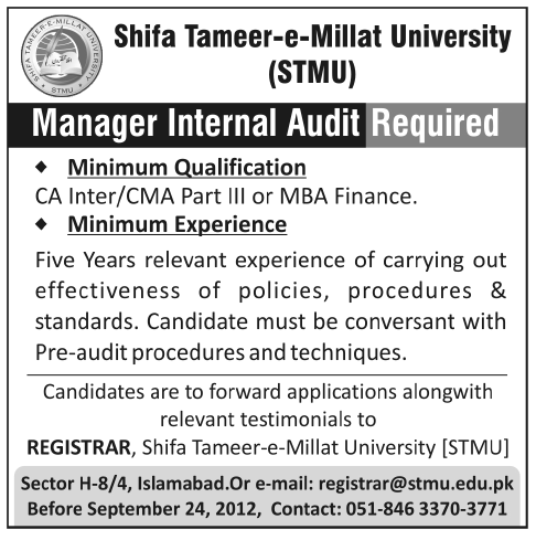 Shifa Tameer-e-Millat University (STMU) Requires Manager Internal Audit