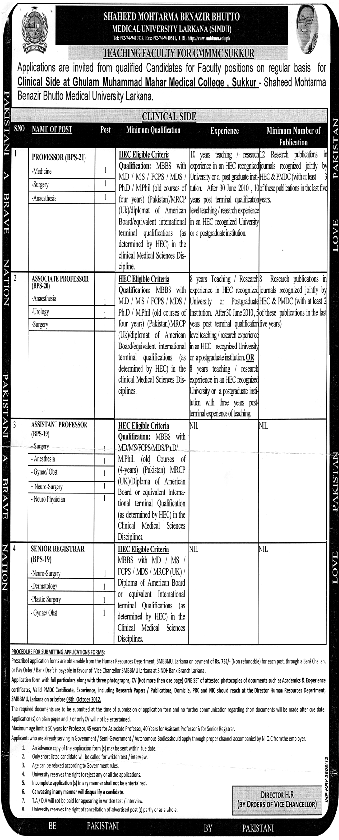 Shaheed Mohtarma Benazir Bhutto Medical University Larkana Requires Medical Teaching Faculty (Government Job)