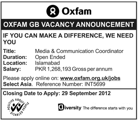 OXFAM GB (An NGO) Requires Media & Communication Coordinator (NGO jobs)