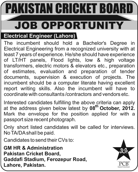 PCB Pakistan Cricket Board Requires Electrical Engineer (Government Job)