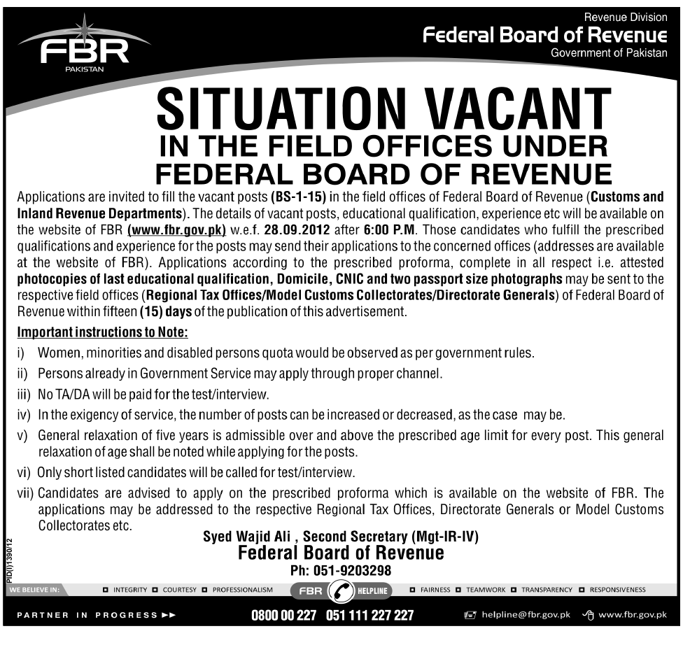 FBR Federal Board of Revenue Requires Staff for Customer and Inland Revenue Departments (Government Job)