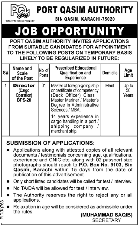 Port Qasim Authority Requires Director (Cargo Operation) (Government Job)