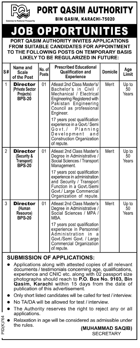 Port Qasim Authority Requires Directors HR, Security and Private Sector Projects (Government Job)