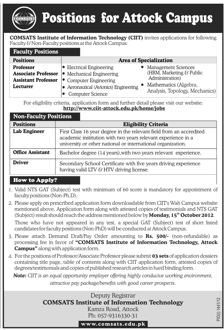COMSATS Institute of Information Technology (CIIT) Requires Teaching and Non-Teaching Staff