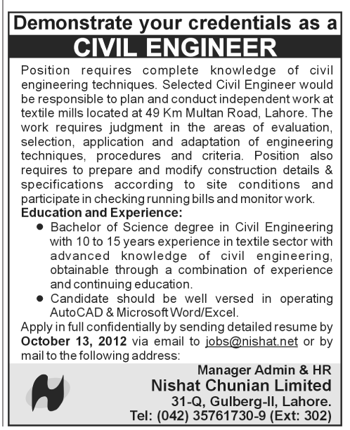 Civil Engineer Required by Nishat Chunian Limited Compay