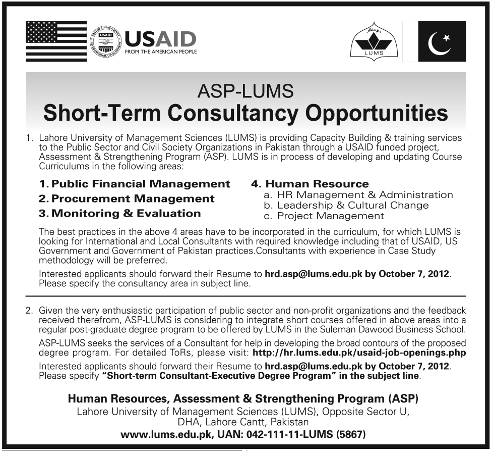 LUMS (ASP) Project Requries Consultants Under USAID