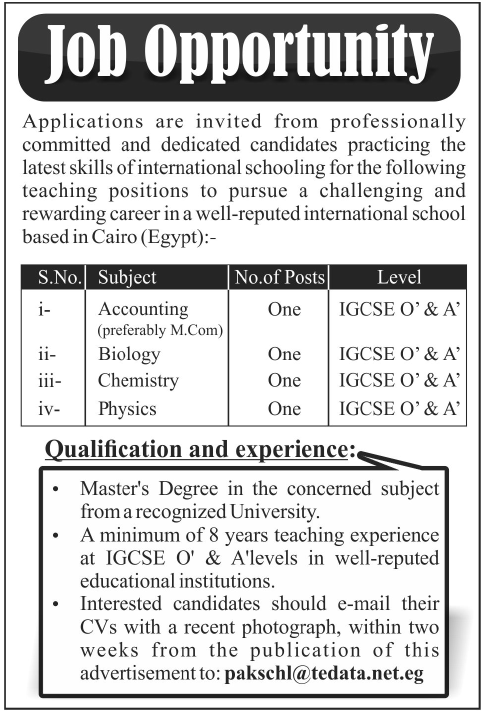 Teaching Staff Required for an International School