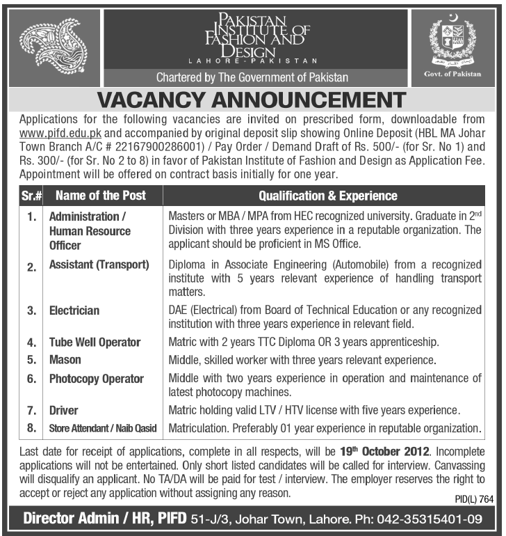 Pakistan Institute of Fashion and Design (PIFD) Requires Staff