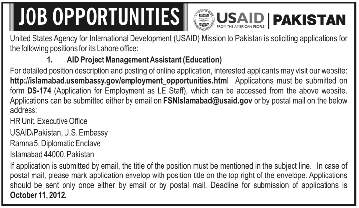 USAID Mission to Pakistan Requires AID Project Management Assistant (UN Jobs)