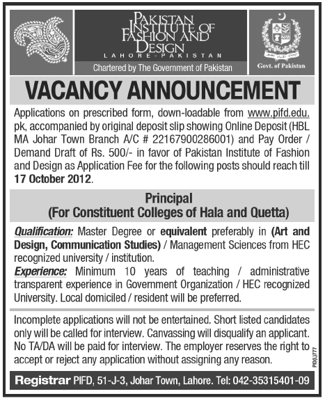 Pakistan Institute of Fashion and Design (PIFD) Requires Principal (Government Job)