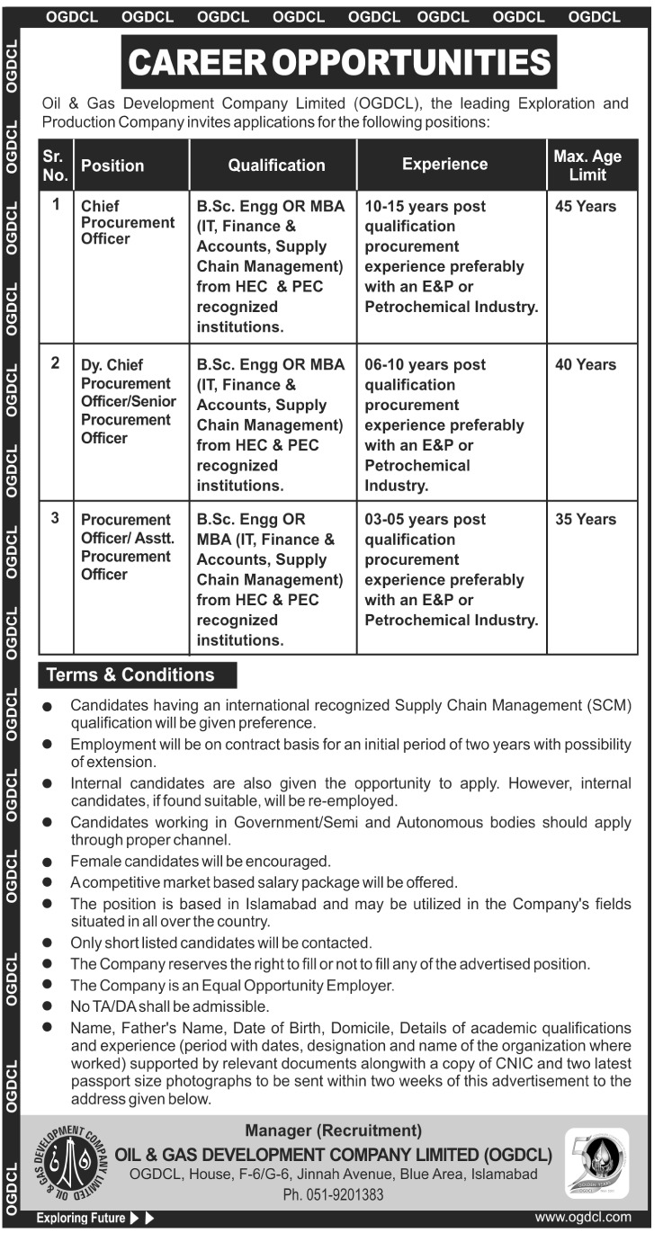 OGDCL Oil and Gas Development Company Limited Requires Management Staff (Oil and Gas Sector Jobs)